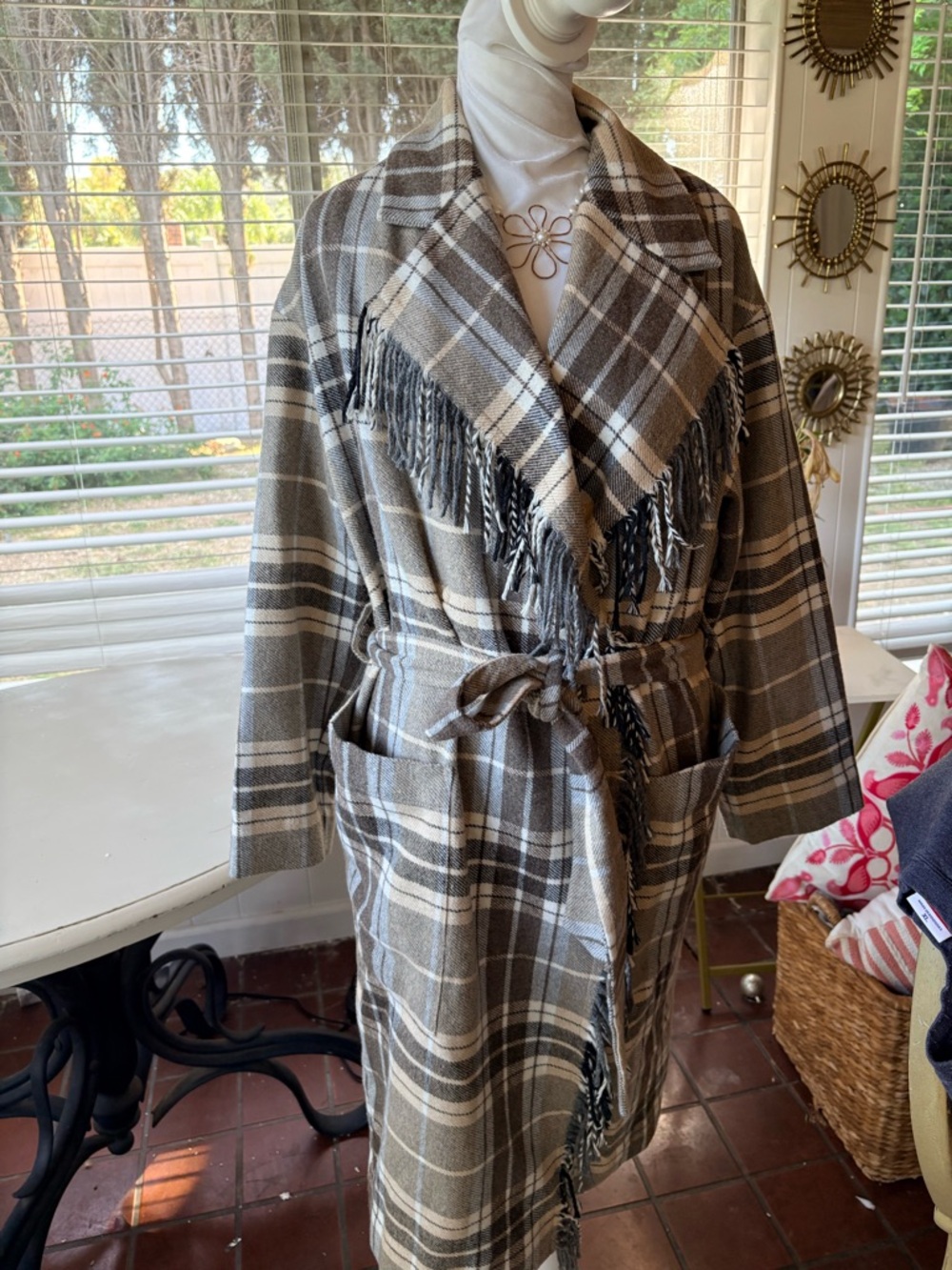H&M Taupe and Cream Plaid Fringe Wrap Coat